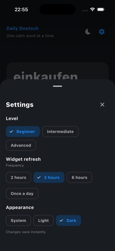 Make It Yours Daily Deutsch app customization settings to personalize your German learning experience