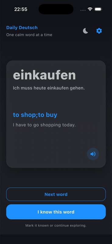 Easy on the Eyes Anytime Daily Deutsch app light and dark mode for comfortable German vocabulary learning